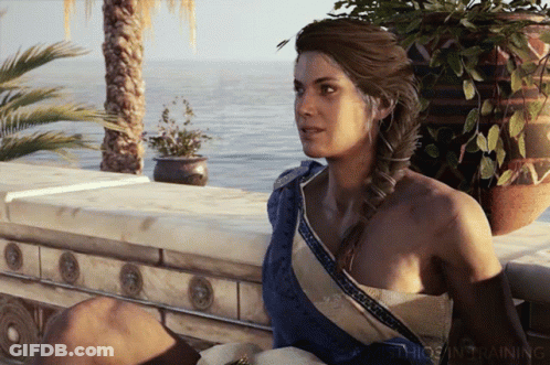 A Woman Sits On A Ledge Overlooking The Ocean With The Words Mythos In Training Visible GIF