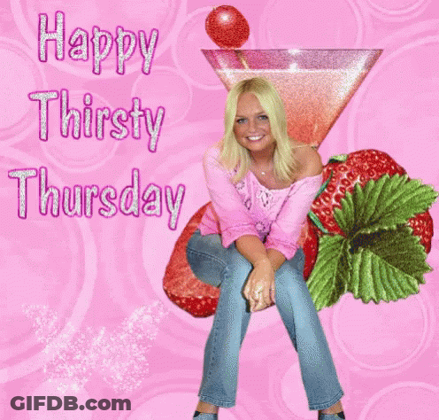 A Woman Sits On A Martini Glass With The Words Happy Thirsty Thursday GIF