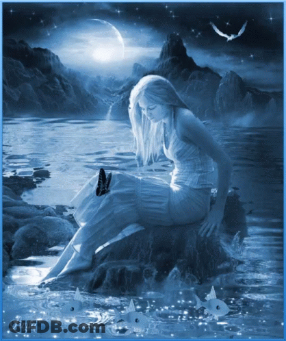 A Woman Sits On A Rock In The Water With A Butterfly On Her Leg GIF