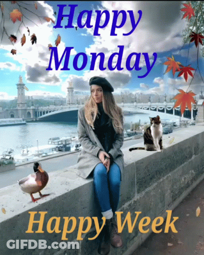 A Woman Sits On A Wall With A Cat And A Duck With The Words Happy Monday Happy Week GIF