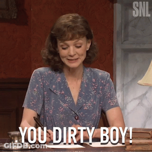 A Woman Sitting At A Desk With The Words " You Dirty Boy " Written On Her Face GIF