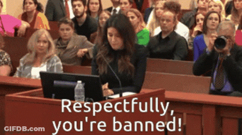 A Woman Sitting At A Podium In Front Of A Crowd With Respectfully You 'Re Banned GIF