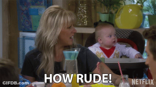 A Woman Sitting At A Table With A Baby And A Pitcher Of Orange Juice Says How Rude GIF
