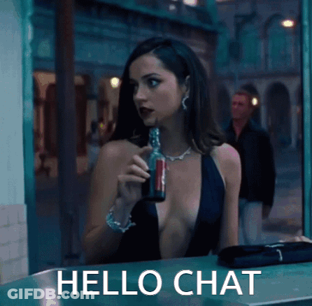 A Woman Sitting At A Table With A Bottle In Her Hand And The Words Hello Chat Written Below Her GIF