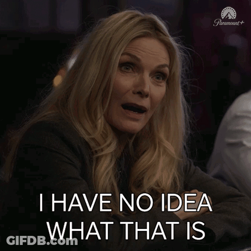 A Woman Sitting At A Table With The Words I Have No Idea What That Is Above Her GIF