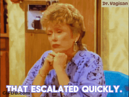 A Woman Sitting At A Table With The Words That Escalated Quickly GIF