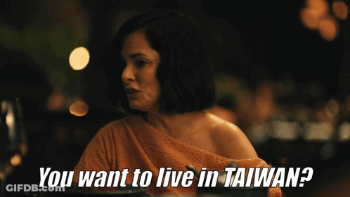 A Woman Sitting At A Table With The Words " You Want To Live In Taiwan " GIF
