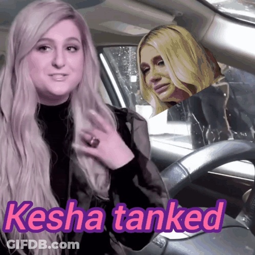 A Woman Sitting In A Car With The Words Kesha Tanked Above Her GIF