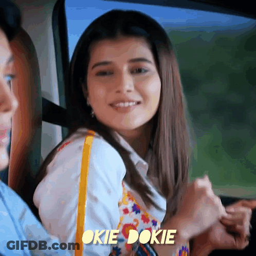 A Woman Sitting In A Car With The Words Okie Dokie On The Bottom Right GIF