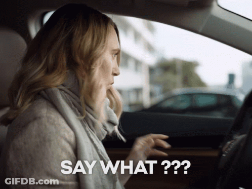 A Woman Sitting In A Car With The Words Say What Written Below Her GIF