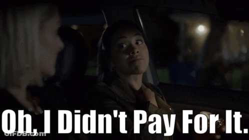A Woman Sitting In A Car With The Words " Uh I Did N't Pay For It " Above Her GIF