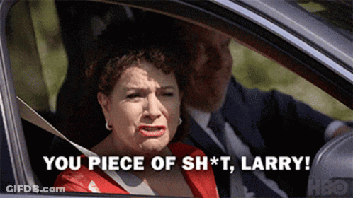 A Woman Sitting In A Car With The Words You Piece Of Shit Larry GIF