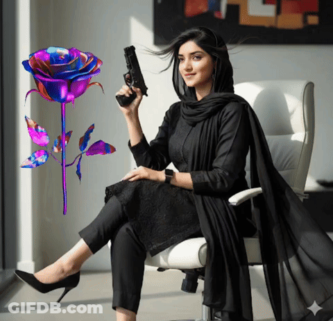 A Woman Sitting In A Chair Holding A Gun In Front Of A Rose GIF