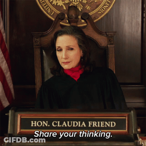 A Woman Sitting In A Chair With A Name Plate That Says Hon Claudia Friend Share Your Thinking GIF