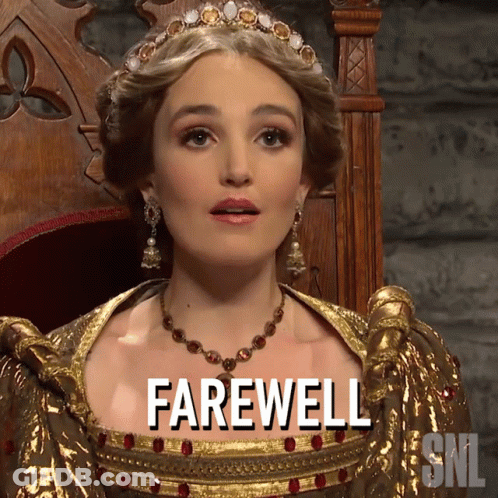 A Woman Sitting In A Chair With Farewell Written On Her Shirt GIF