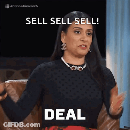 A Woman Sitting In A Chair With Her Arms Outstretched Says Sell Sell Sell Deal GIF