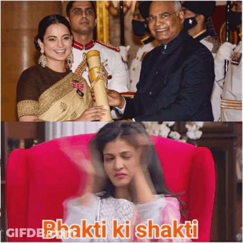 A Woman Sitting In A Chair With The Words Bhakti Ki Shakti Written On It GIF