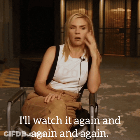 A Woman Sitting In A Chair With The Words " I 'Ll Watch It Again And Again " Written Below Her GIF