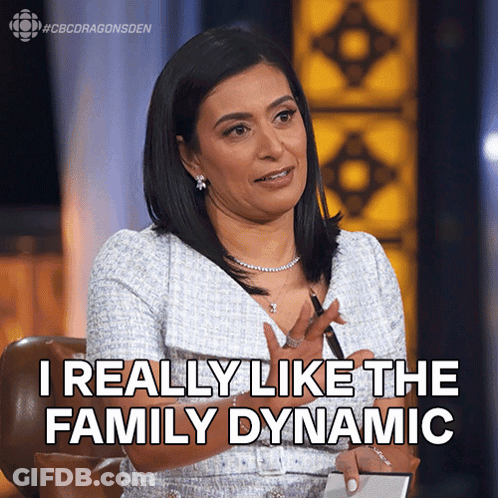 A Woman Sitting In A Chair With The Words I Really Like The Family Dynamic Behind Her GIF