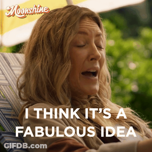 A Woman Sitting In A Chair With The Words I Think It 'S A Fabulous Idea On The Bottom GIF