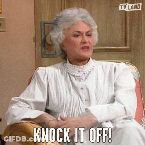 A Woman Sitting In A Chair With The Words Knock It Off Written On The Bottom GIF