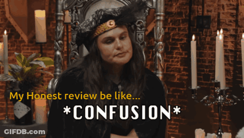 A Woman Sitting In A Chair With The Words My Honest Review Be Like * Confusion * GIF