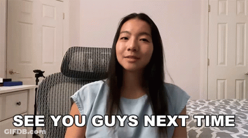 A Woman Sitting In A Chair With The Words See You Guys Next Time Written Below Her GIF