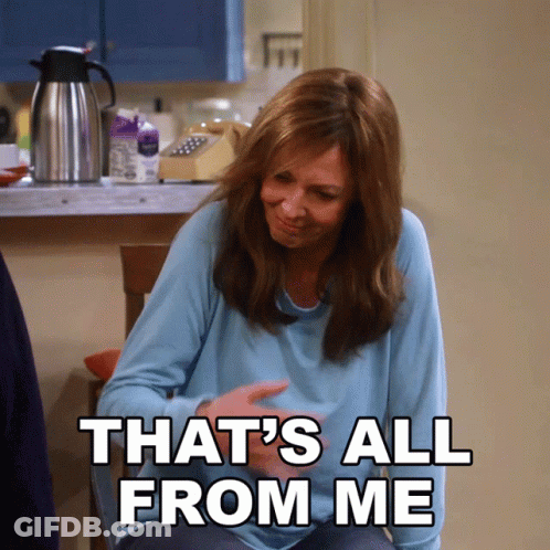 A Woman Sitting In A Chair With The Words That 'S All From Me Below Her GIF