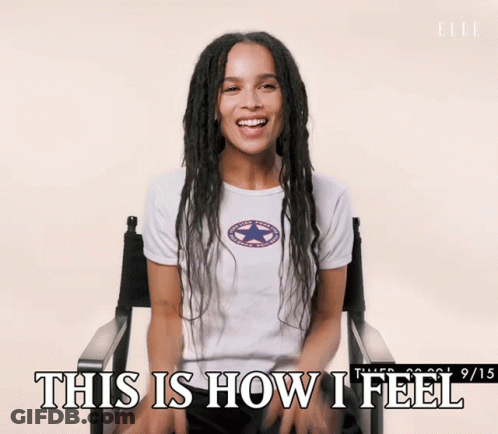 A Woman Sitting In A Chair With The Words " This Is How I Feel " Below Her GIF