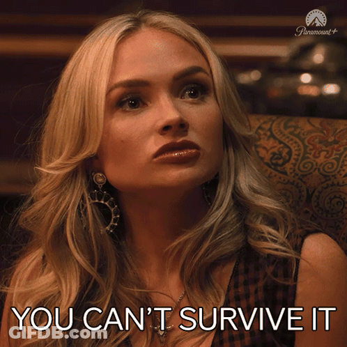 A Woman Sitting In A Chair With The Words " You Can 'T Survive It " On Her Face GIF
