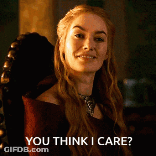 A Woman Sitting In A Chair With The Words " You Think I Care " On The Bottom GIF