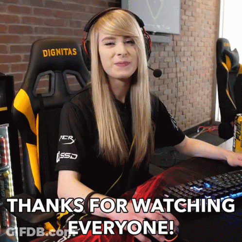 A Woman Sitting In A Gaming Chair With The Words Thanks For Watching Everyone Below Her GIF