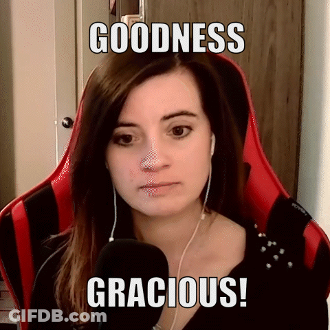 A Woman Sitting In A Red Chair With The Words Goodness Gracious GIF
