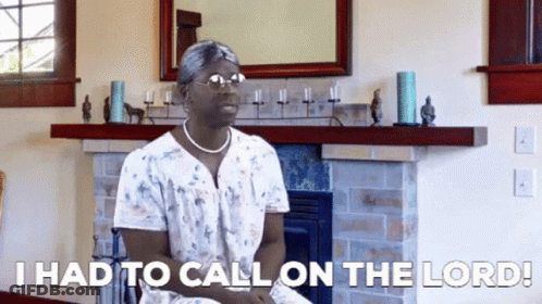A Woman Sitting In Front Of A Fireplace With The Words " I Had To Call On The Lord " GIF