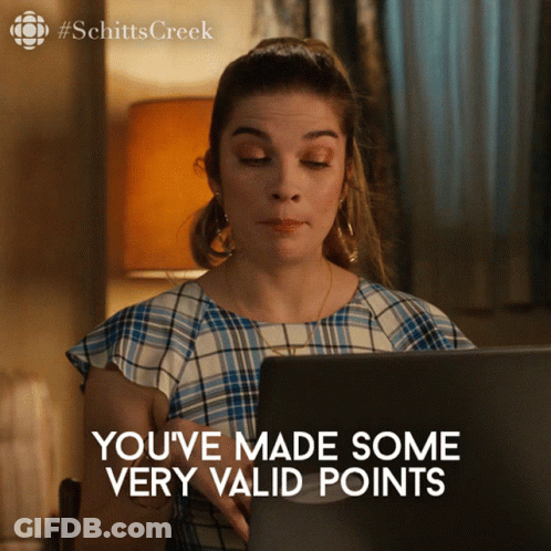 A Woman Sitting In Front Of A Laptop With The Words " You 'Ve Made Some Very Valid Points " GIF