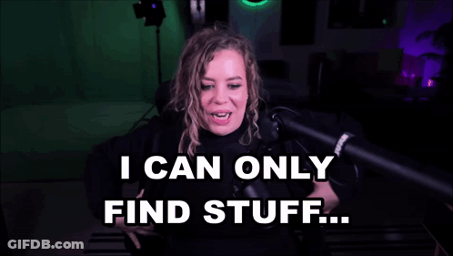 A Woman Sitting In Front Of A Microphone With The Words I Can Only Find Stuff GIF