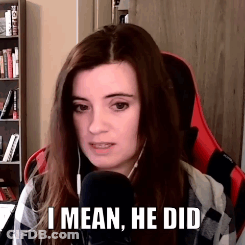 A Woman Sitting In Front Of A Microphone With The Words " I Mean He Did " On Her Face GIF