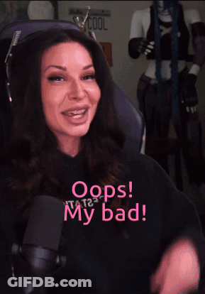 A Woman Sitting In Front Of A Microphone With The Words Oops My Bad Written In Pink GIF