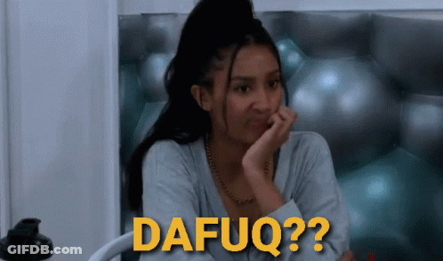 A Woman Sitting In Front Of A Wall With The Word Dafuq Written In Yellow GIF