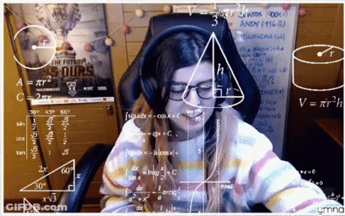 A Woman Sitting In Front Of A White Board With Math Equations GIF
