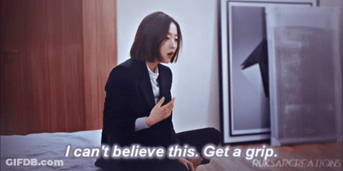 A Woman Sitting On A Bed With The Words I Can T Believe This Get A Grip GIF