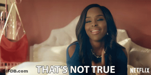A Woman Sitting On A Bed With The Words That 'S Not True On The Bottom GIF