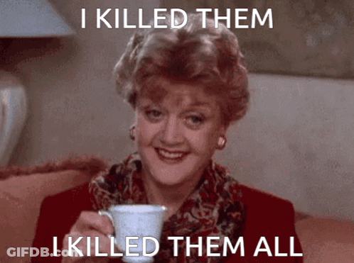 A Woman Sitting On A Couch Holding A Cup Of Coffee With A Caption That Says I Killed Them GIF