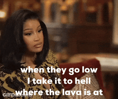 A Woman Sitting On A Couch With A Caption That Says When They Go Low I Take It To Hell GIF