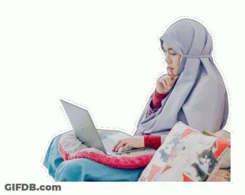 A Woman Sitting On A Couch With A Laptop And The Words Mencintai Kehilangan GIF