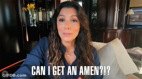 A Woman Sitting On A Couch With The Words Can I Get An Amen GIF