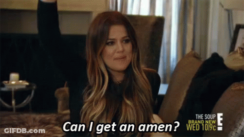 A Woman Sitting On A Couch With The Words Can I Get An Amen On Her Face GIF