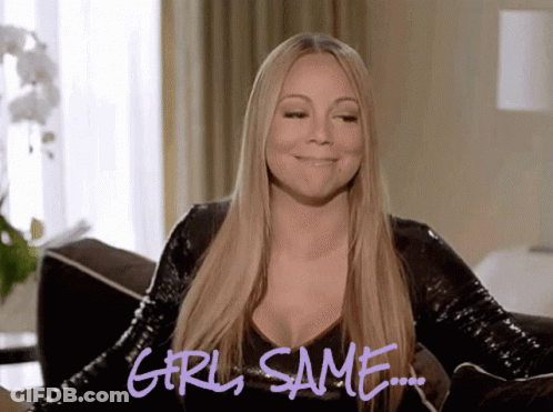 A Woman Sitting On A Couch With The Words Girl Same Written On The Bottom GIF