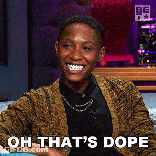 A Woman Sitting On A Couch With The Words Oh That 'S Dope Behind Her GIF