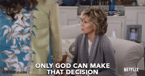 A Woman Sitting On A Couch With The Words Only God Can Make That Decision Above Her GIF